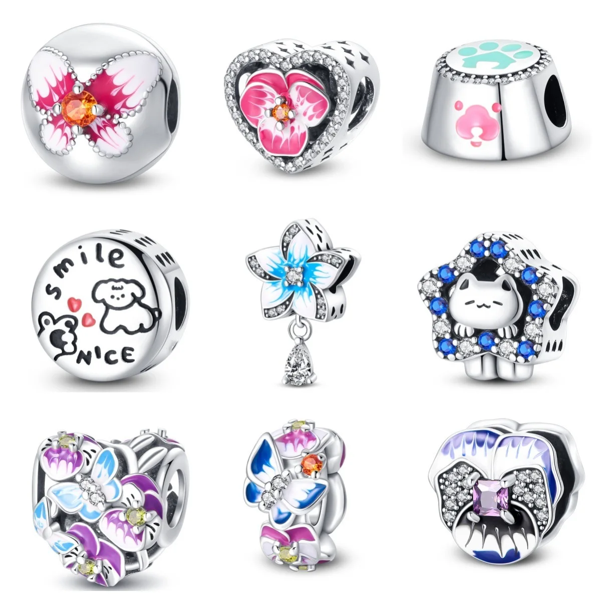 Silver-plated copper 925 2023 new model - Butterfly flower threaded safety bead fixed clasp necklace accessory