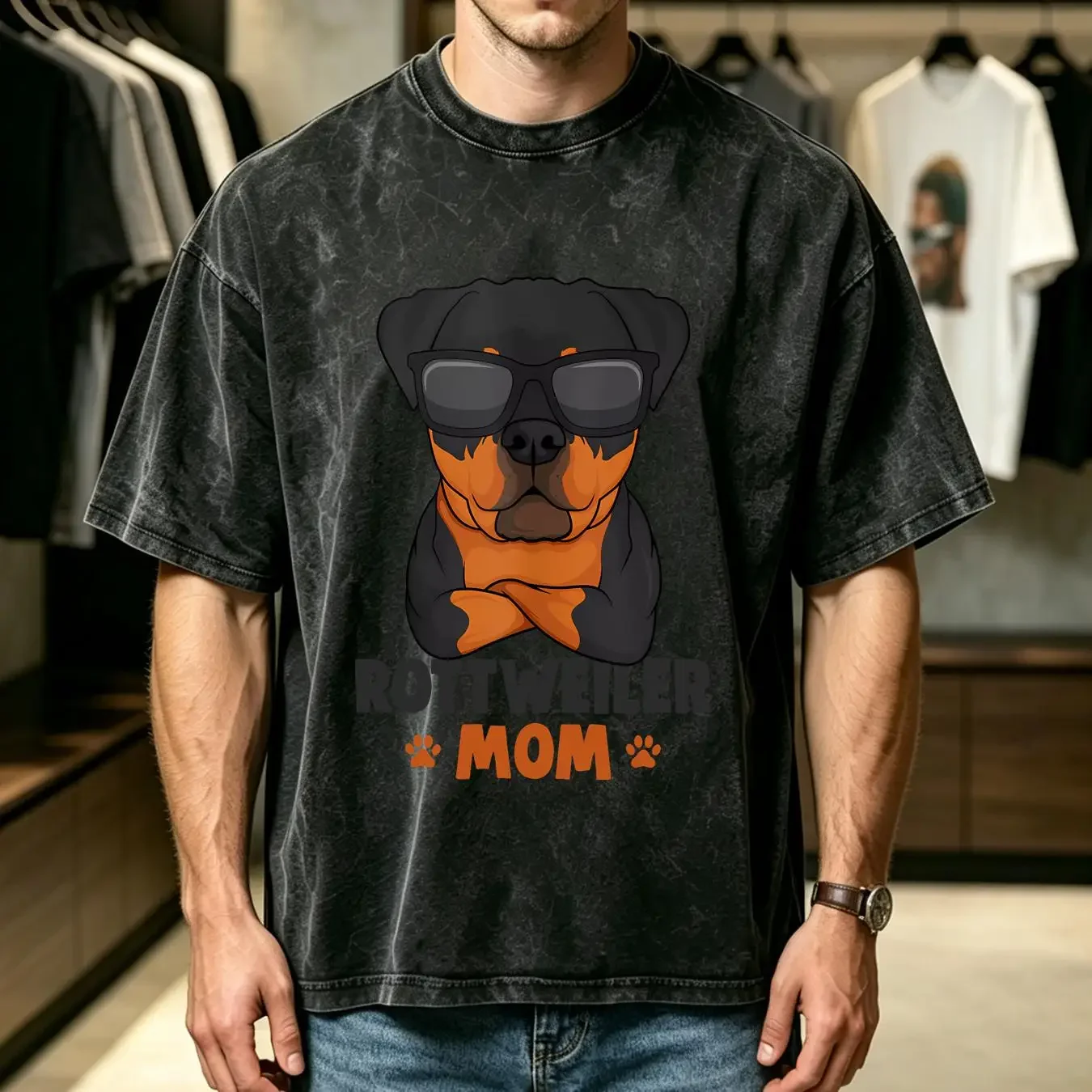 washed T Shirt Dog Mama Rottweiler Mom Rottie White Grey vintage Washed graphic Stylish Top For Everyday Wear Breathable