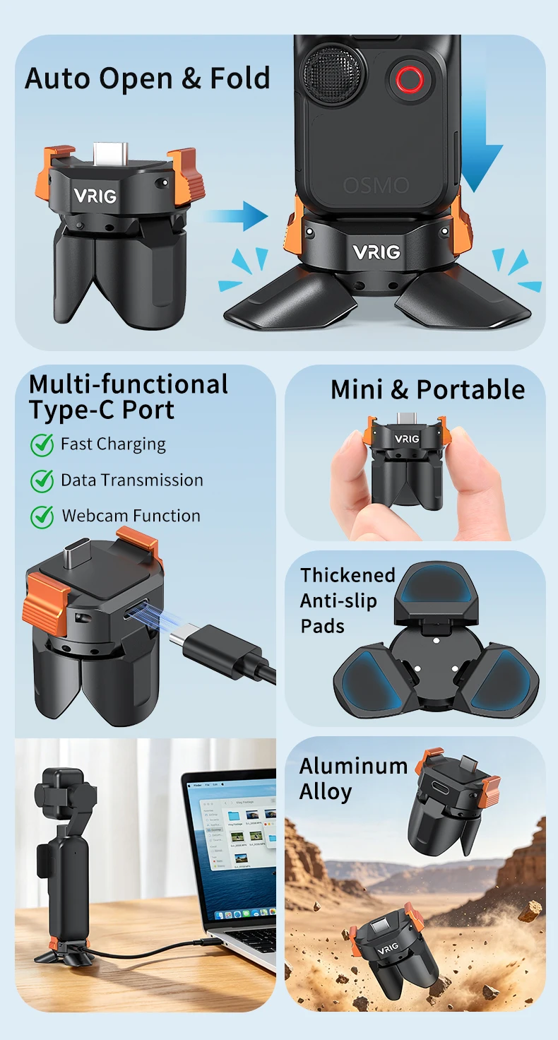 VRIG Ladegerät Typ-C Schnellverschluss-Stativ für DJI Osmo Pocket 3/4/4 Pro, Automatisch Öffnendes und Schließendes Aluminiumlegierungs-Ministativ – Detail 2