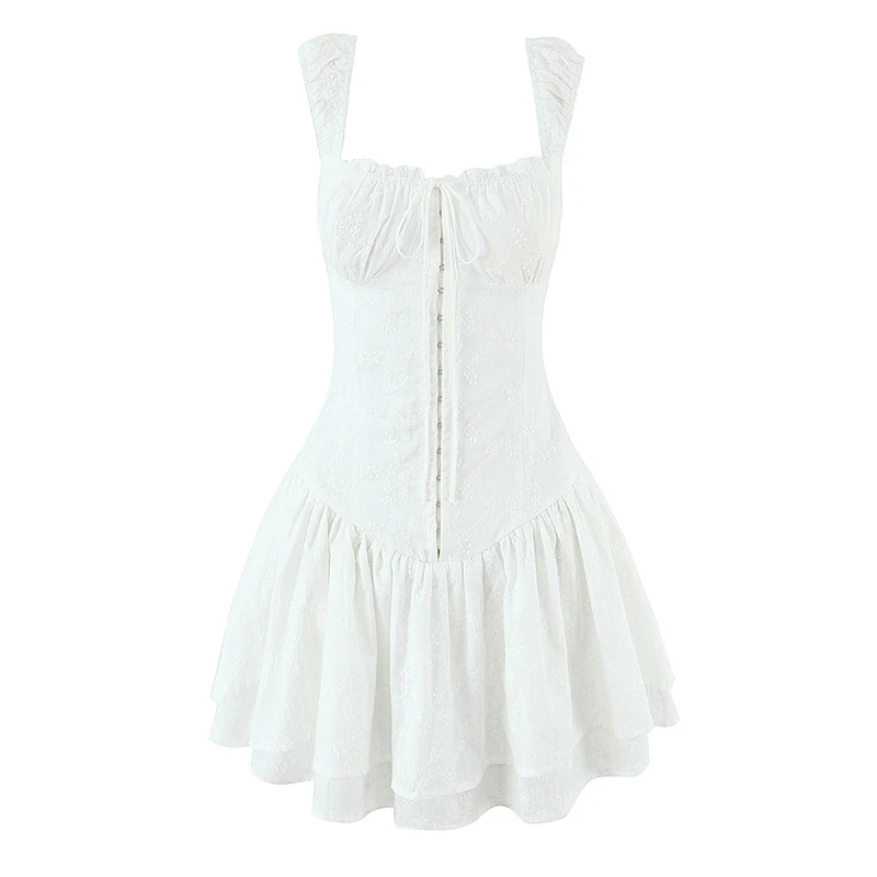 

Jastie Floral Embroidery White Sleeveless Dress Women Front Metal Hook Low Waist A-line Mini Summer Dresses Short Holiday Robe