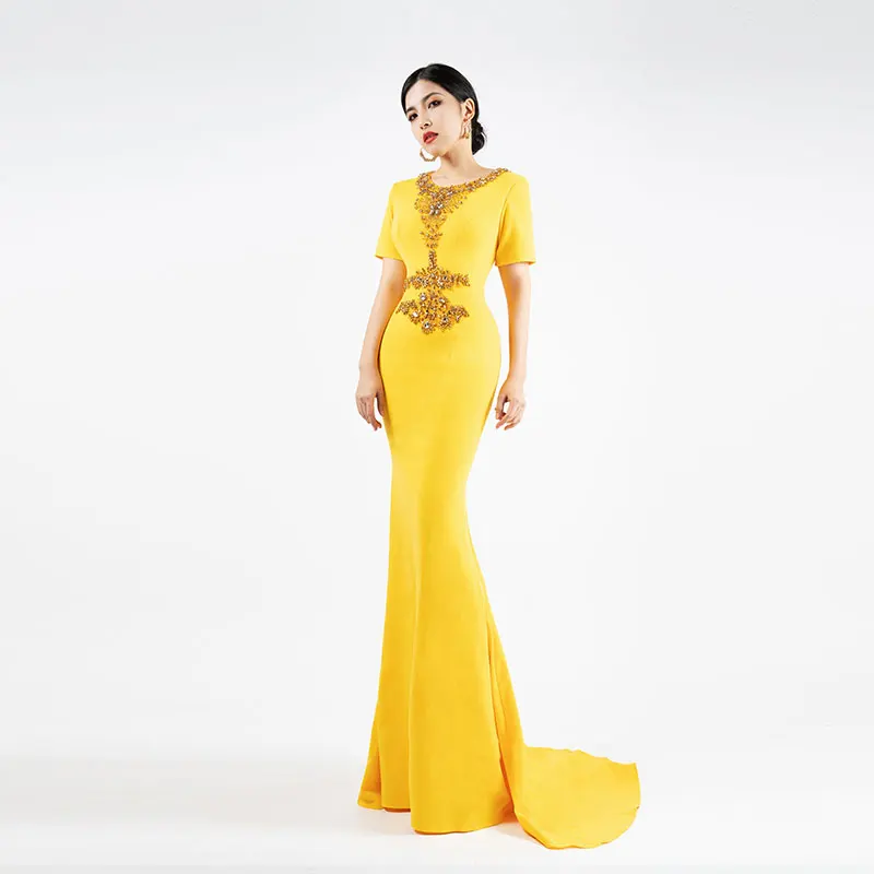 Noble Evening Gown Annual Meeting Dress Custom Elegant For Host Socialite Beaded Fish Tail Short Sleeve Yellow Long Skirt H70