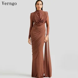 Verngo Brown Chiffon Evening Dress Full Sleeves Mermaid Slim Prom Party Dresses Elegant Simple Maxi Prom Gowns Customized