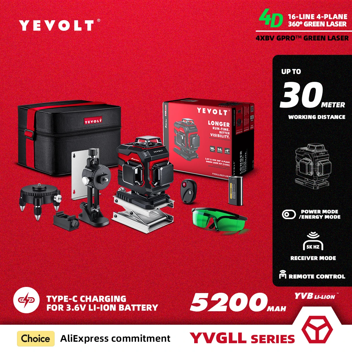 YEVOLT YVGLL4XS16B2PRO 16 라인 4 면 녹색 레이저 레벨 도구 키트, 4D, 5200mAh 배터리, 수평 및 수직 셀프 레벨링 