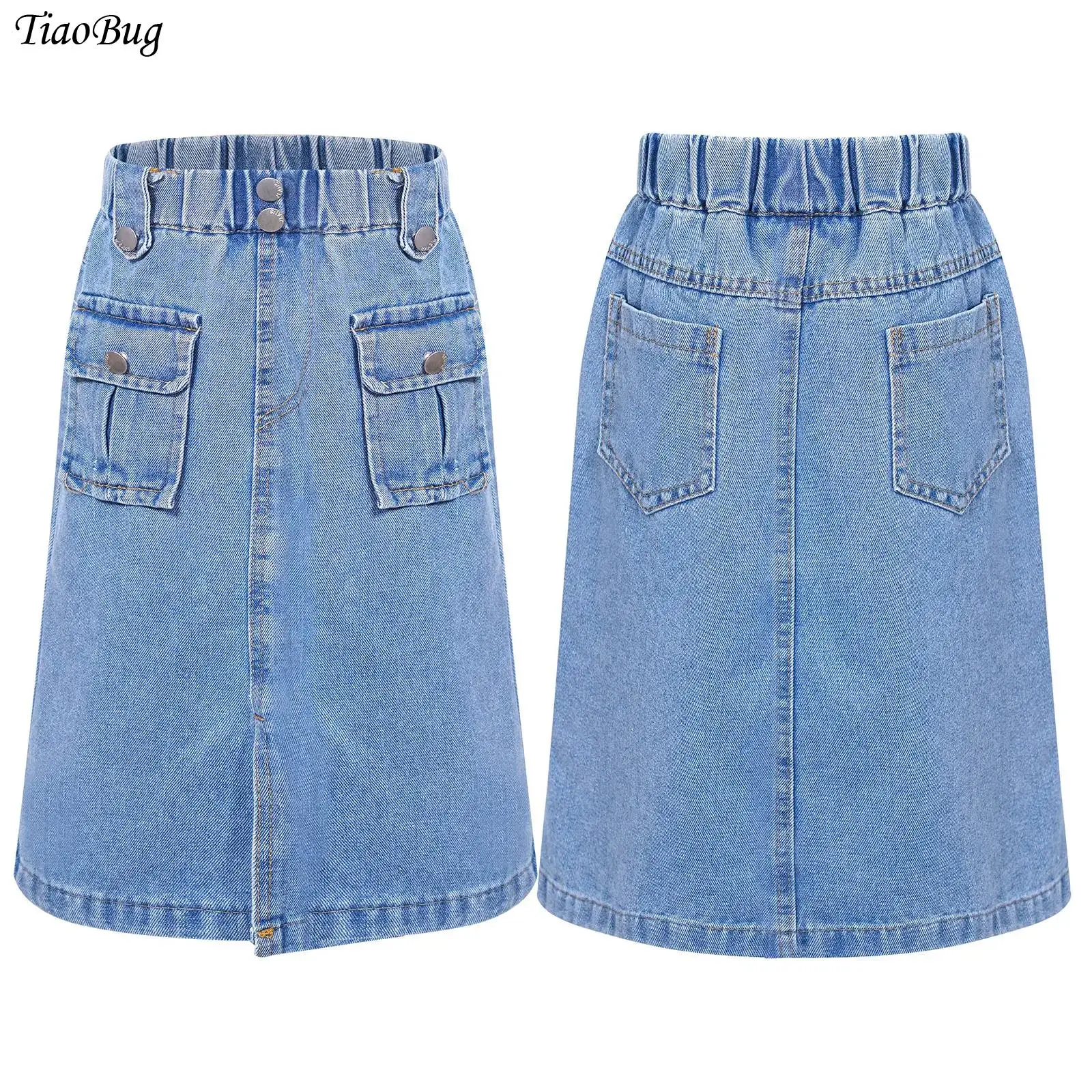 Kids Girls Denim Skirt 2024 Spring Summer Korean Style High Waist Elastic Waistband Midi Skirts Casual Children Clothes Blue