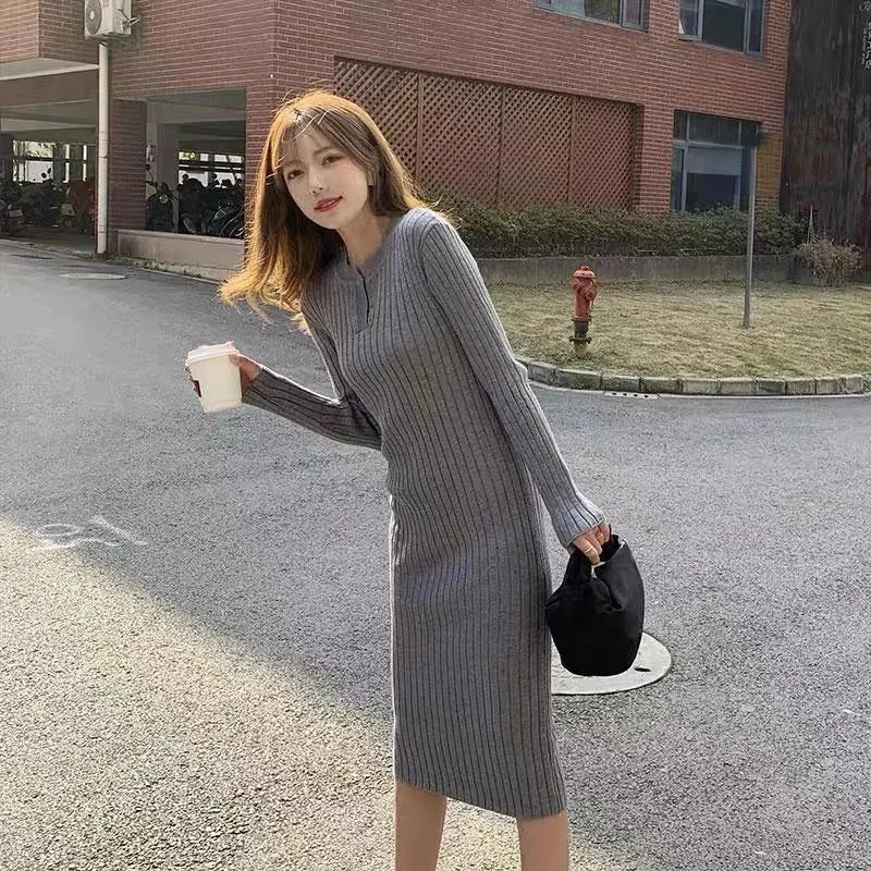 Cheap Casual Women\'s Sweater Dresses Black Long Sleeve Midi Bodycon Wrap Korean Sexy Vintage Female Knit Dress Autumn Winter New