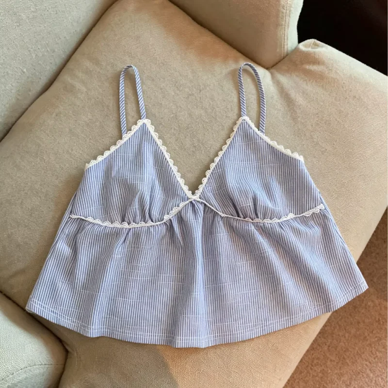 Cross border 2026 new lace patchwork V-neck camisole vest summer women's slim fit striped contrasting backless top