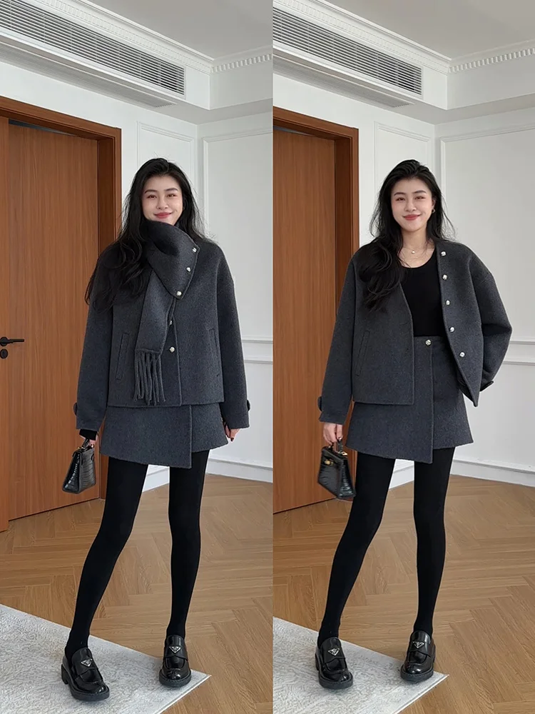 

Комплект: шерстяные брюки-юбка с высокой талией и съемным шарфом, осенне-зимняя новинка, стильный пиджак в стиле London Fog от Sle Zhang a Xing