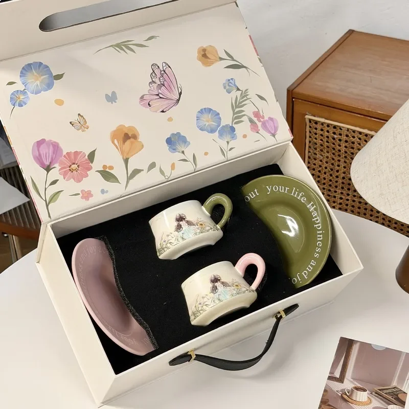 Fresh Little Girl Floral Coffee Cup Saucer Set Gift Box For Bestie Wedding Birthday Present High Appearance Souvenir Porcelain