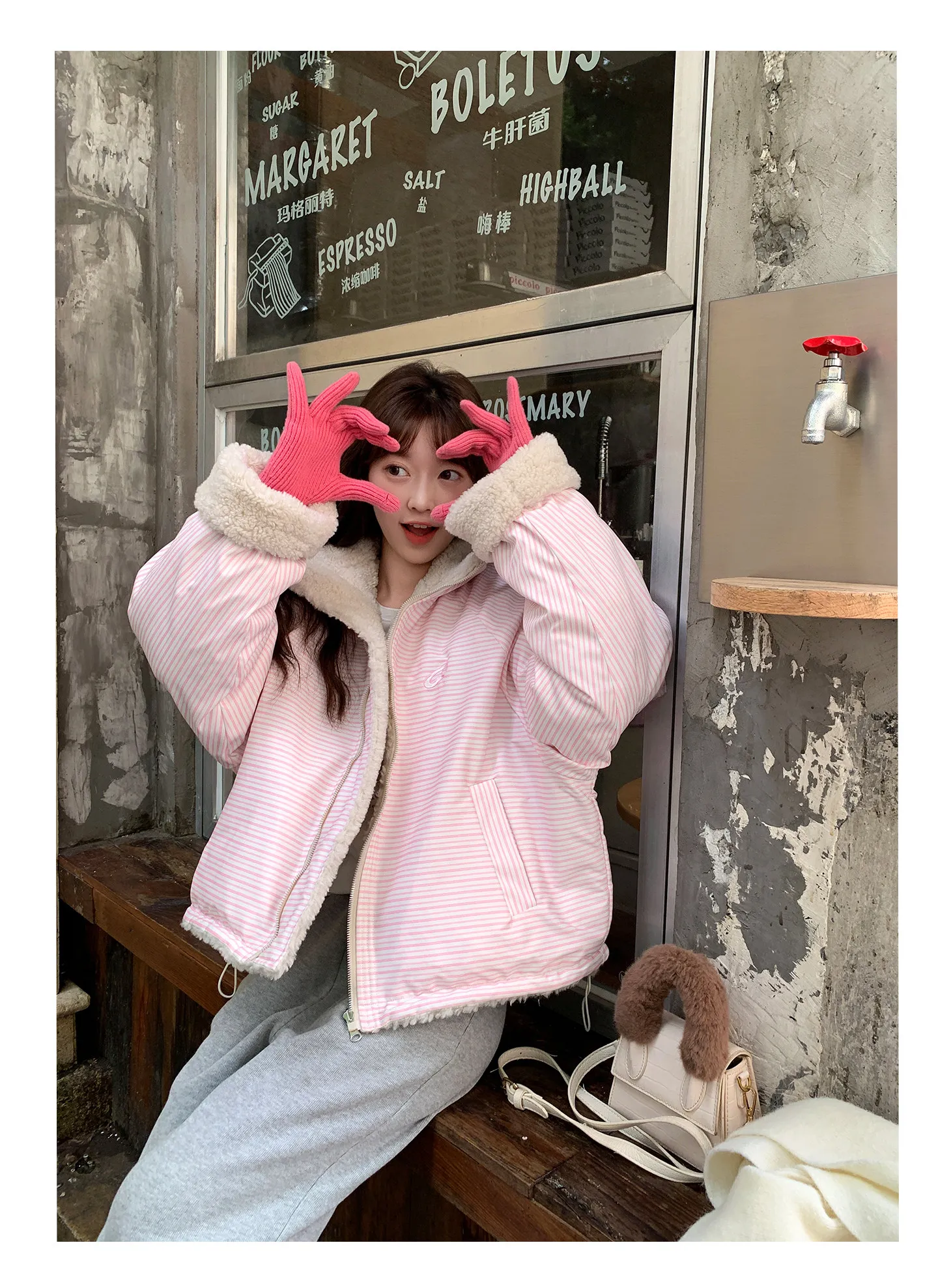 Korean Women's Reversible Striped Jacket Autumn Winter Stand Collar Fleece Lined Padded Coats Woman Loose Casual Plush Jackets