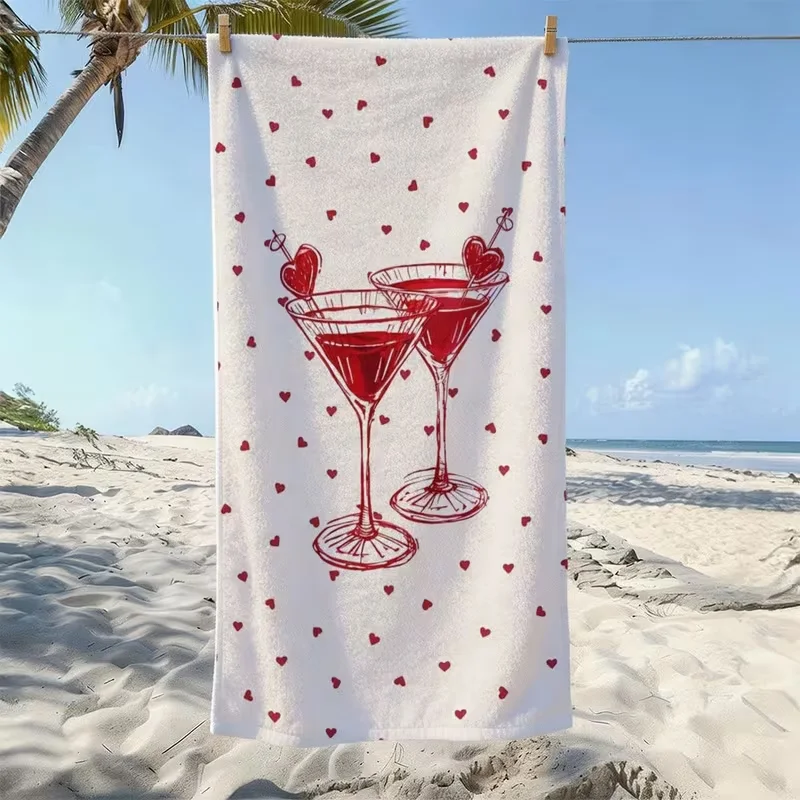 Red Heart Martini Cocktail Print Beach Towel Romantic Quick Dry Sand Resistant Soft Towel for Beach Vacation Party Holiday