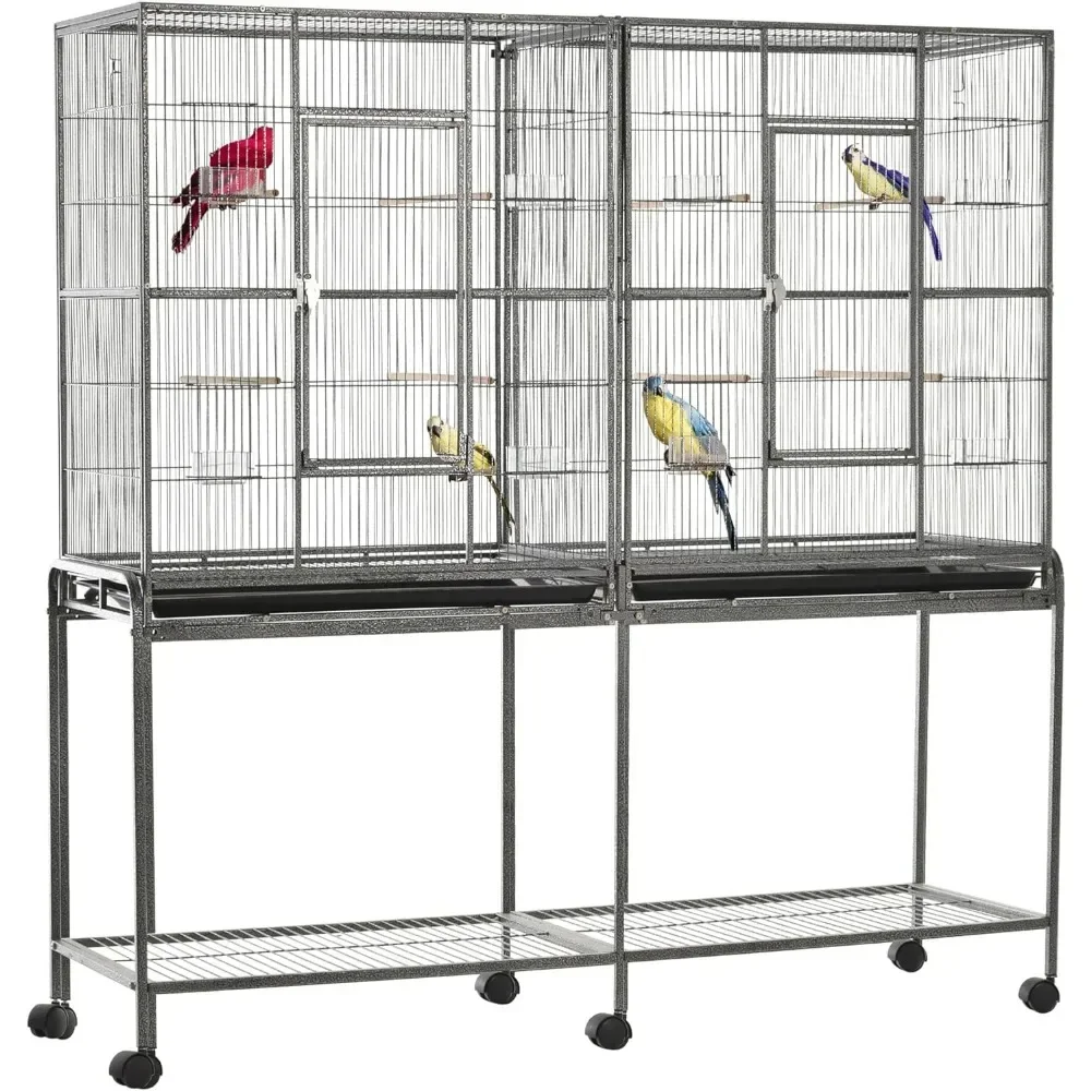 

Double Rolling Metal Bird Cage Feeder with Detachable Rolling Stand, Storage Shelf, Wood Perch & Food Container