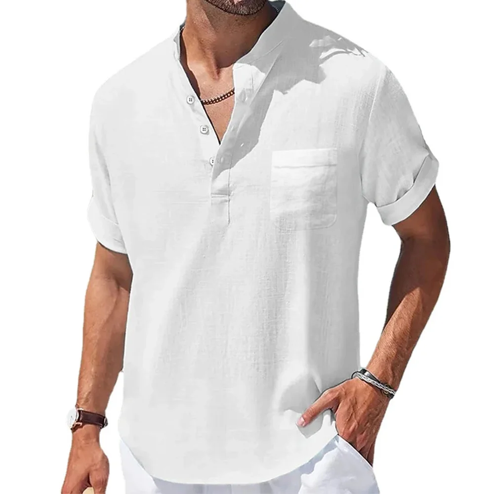 Summer New Men\'s Cotton and Linen Shirts Short-Sleeved T-shirt Henry Collar Casual Men\'s T-shirts Shirt Male Men Clothing