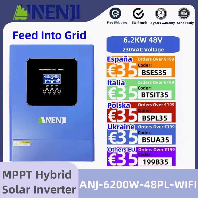 6.2KW Parallel Solar Inverter 48V Hybrid Off Grid Inversor Pure Sine Wave Built MPPT 120A Solar Charge Controller PV Max 500VDC