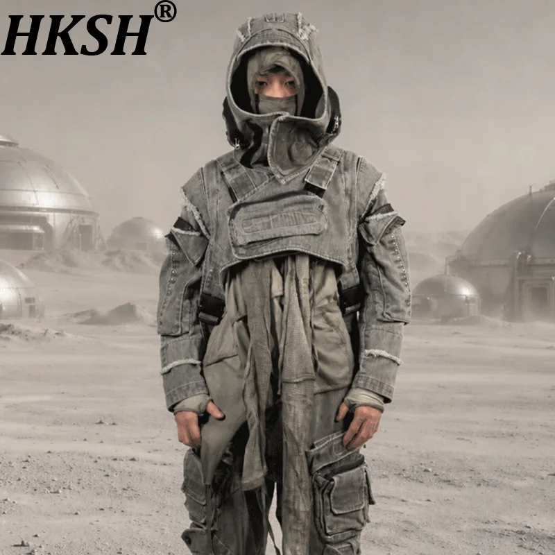 HKSH Spring Autumn New Men Tide Dark Punk Coat Waste Land Deconstructed Functional Distressed Vintage Short Rivet Jacket HK28324