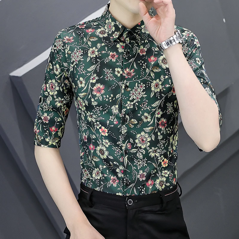 

High End Men's Three Quarter Sleeve Casual Shirt Summer Thin Ice Silk Slim Fit Floral Print Lightweight Stylish Modern Quality