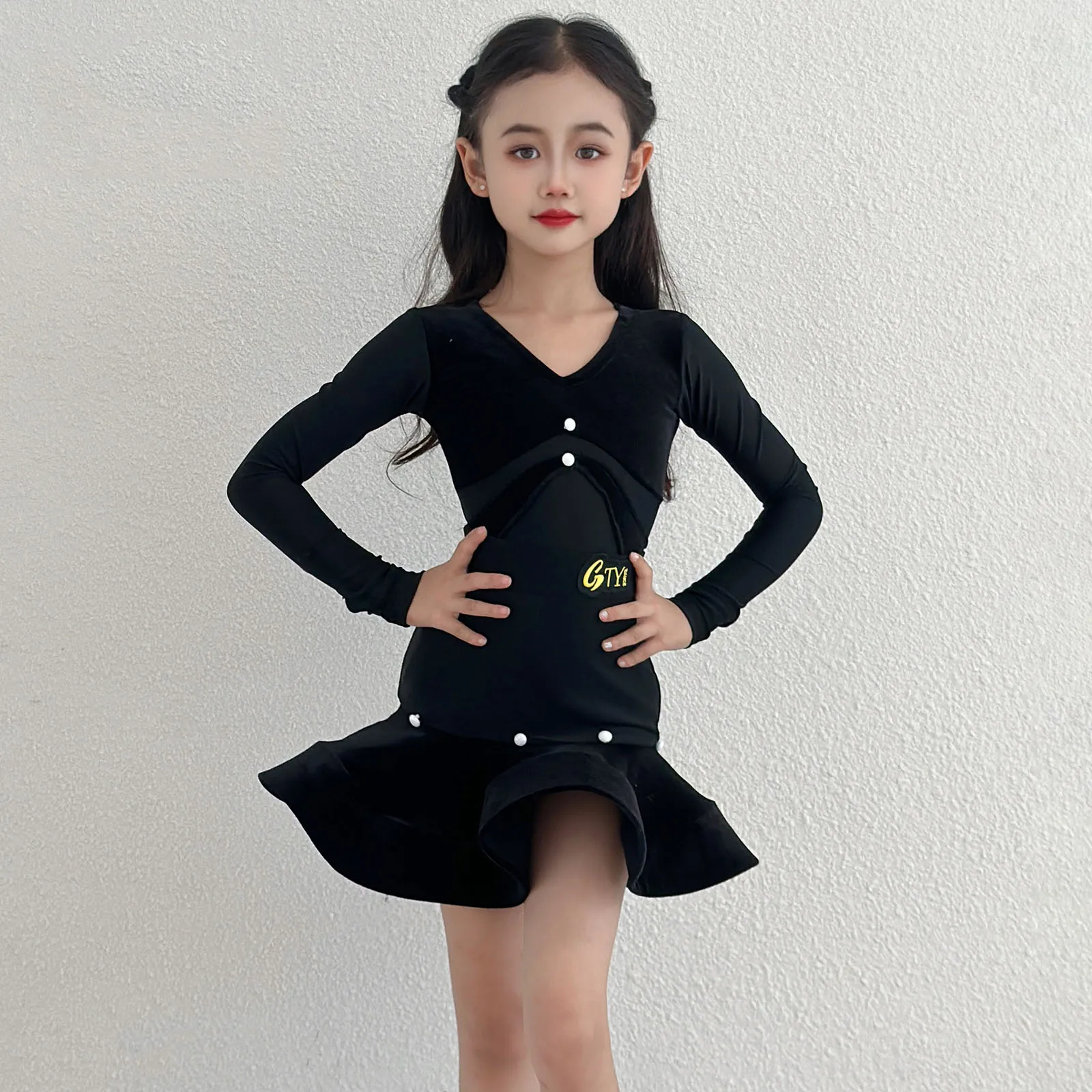 Novos trajes de meninas dança latina manga longa com decote em v divisão terno saia superior chacha samba dança prática desempenho vestindo dql12119