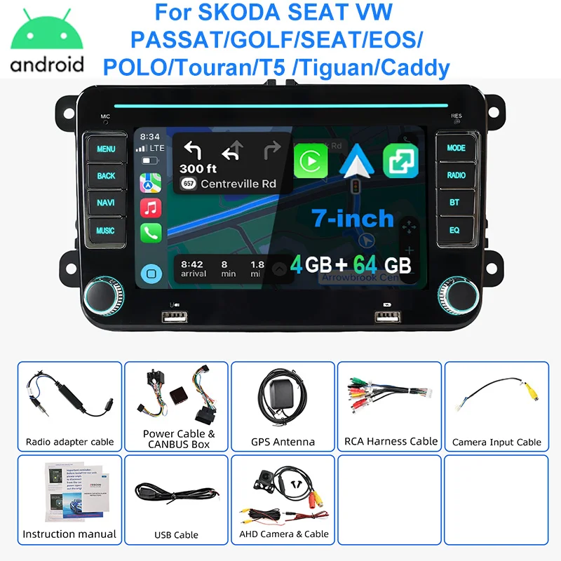 Autoradio ESSGOO Android 15 7 Inch voor VW Golf 5 6 Passat Polo 6R Touran Tiguan Caddy EOS Jetta Seat Skoda met Draadloze Carplay Android Auto GPS Navigatie RDS FM Bluetooth WIFI Stuurwielbediening