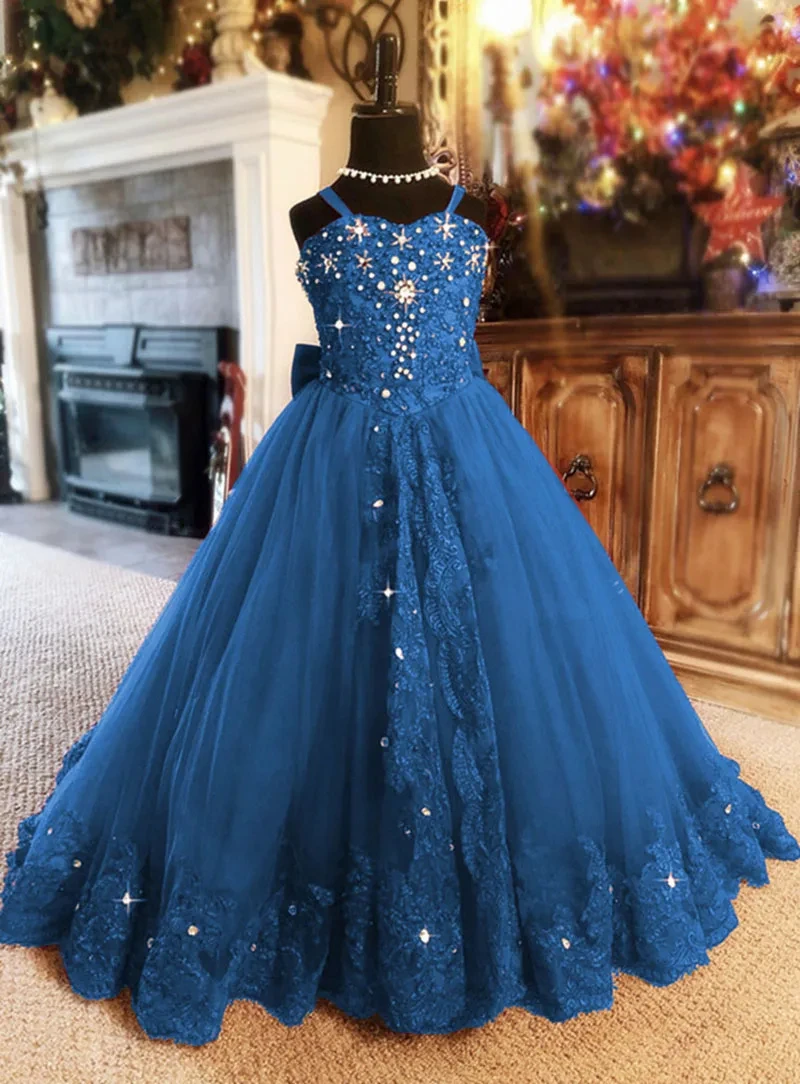 Beaded Lace Flower Girl Dress For Wedding Satin Bow Spaghetti Strap Floor Length Princess Pageant Dress Kids Birthday Party Gown