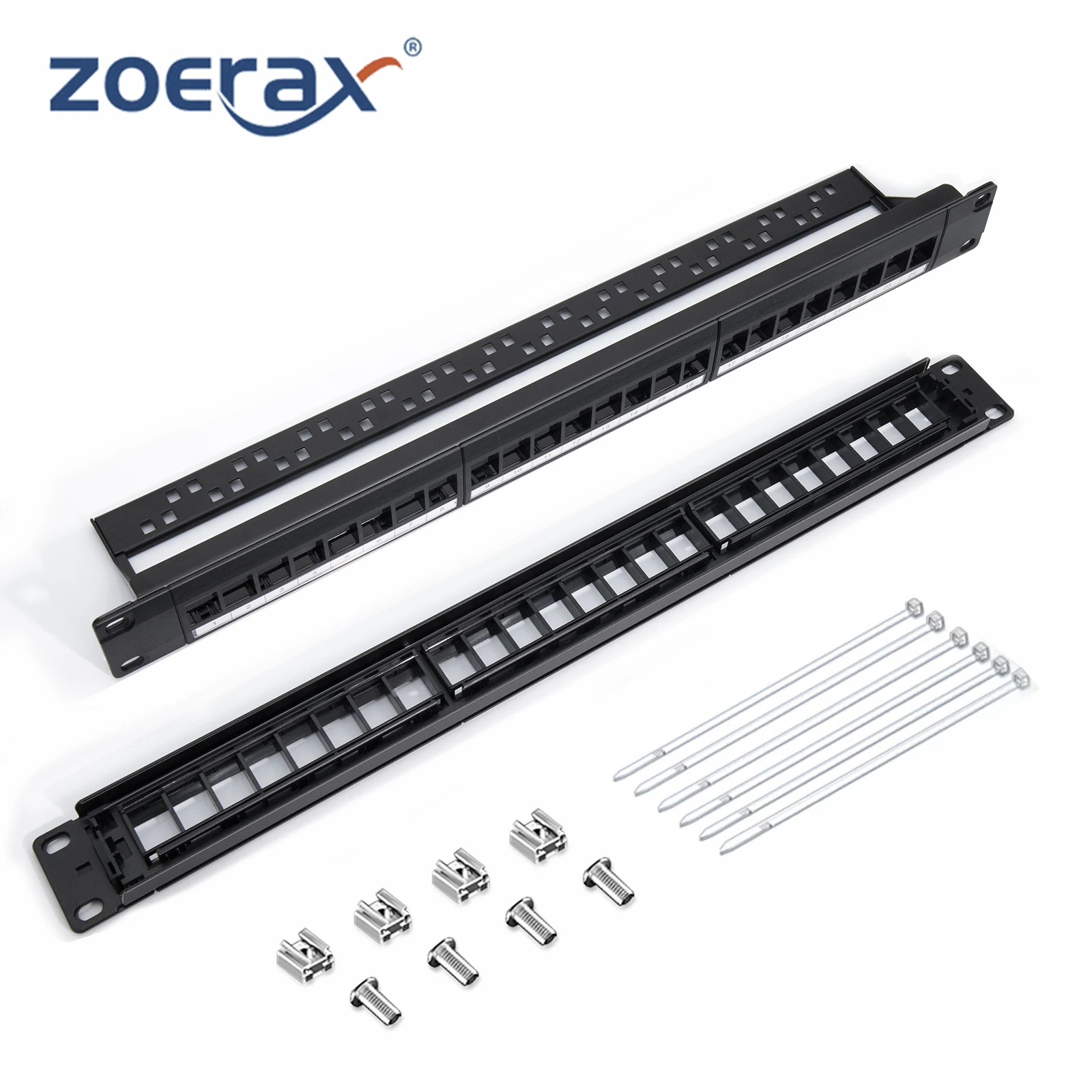 ZoeRax Patch Panel 24 Port Cat6 Cat6a Cat7 with Inline Keystone 10G, RJ45 Coupler Patch Panel 19-Inch with Removable Back Bar