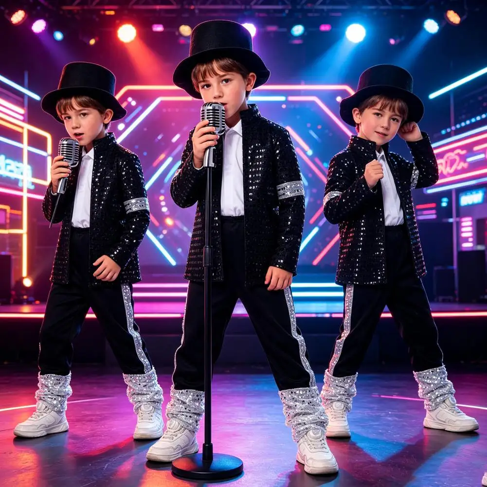 Shiny Musician Halloween Costume For Kids Black Sequin Jacket Trousers Hat Gloves 80s 90s Retro Disco Party Stage Outfit
