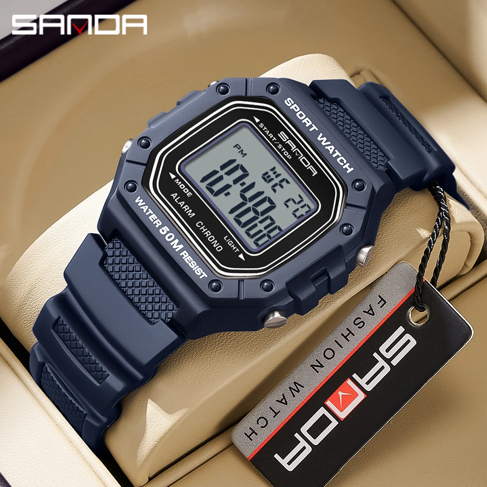 SANDA 2156 Mens Electronic Watch 50M Water Resistant Outdoor Sport Watches Luminous Square Dial Led Digital Wristwatches for Man