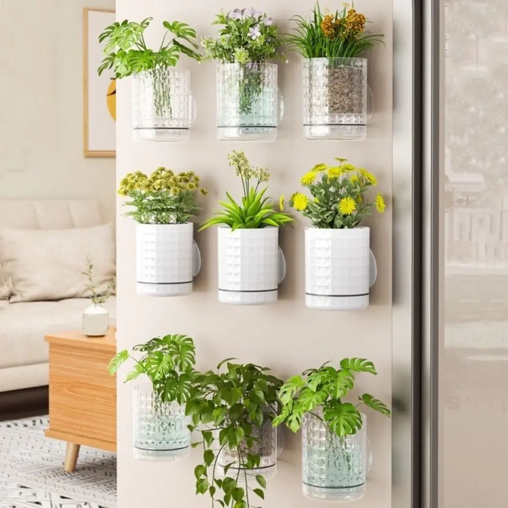 Plastic Hydroponic Wall Planter Self-Adhesive Double Layer Hanging Flower Pot Space Saving Decorative Self Absorbing Flowerpot