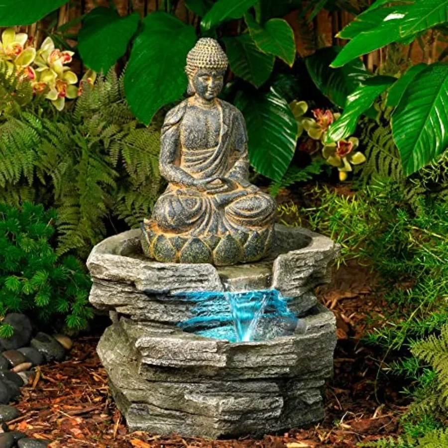 Outdoor indoor large fountain with sitting Buddha design, 21-inch height, LED lighting, water feature, resin material, bronze f