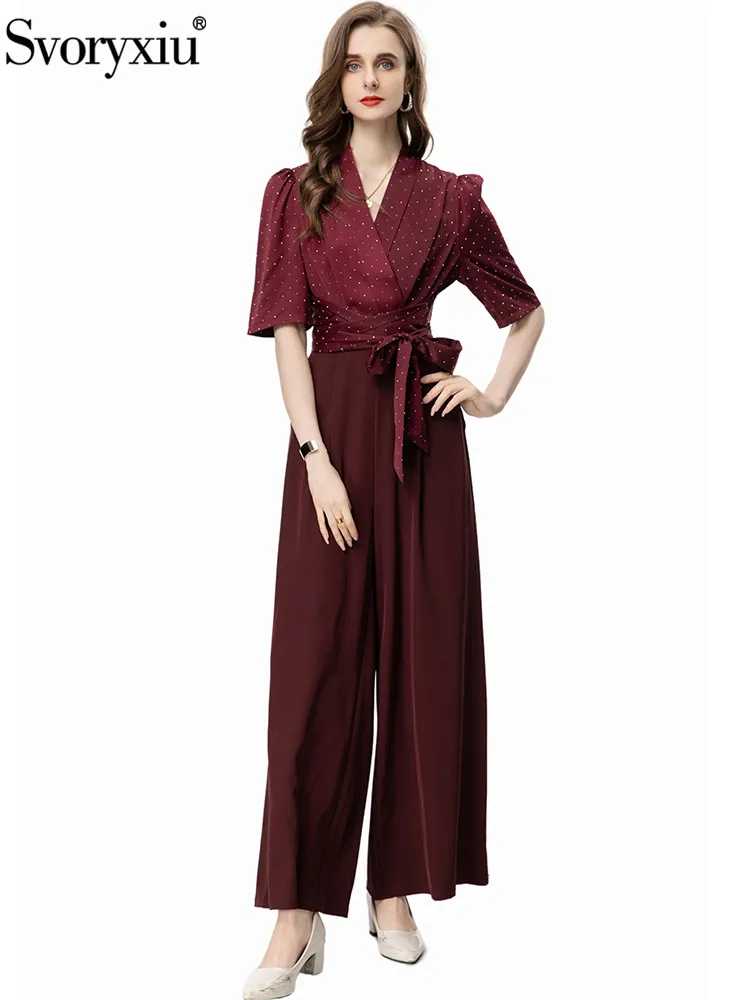 Svoryxiu Runway Fashion Spring Autumn Russet Brown Trousers Romper Women's Turn-down Collar Diamond High Waist Wide Leg Pants