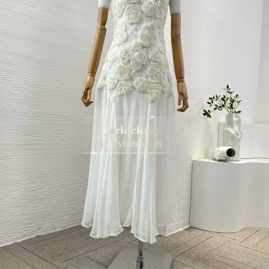 Vestido midi sem mangas com apliques de flores para trabalho manual para festa de seda de alta qualidade 2025 branco