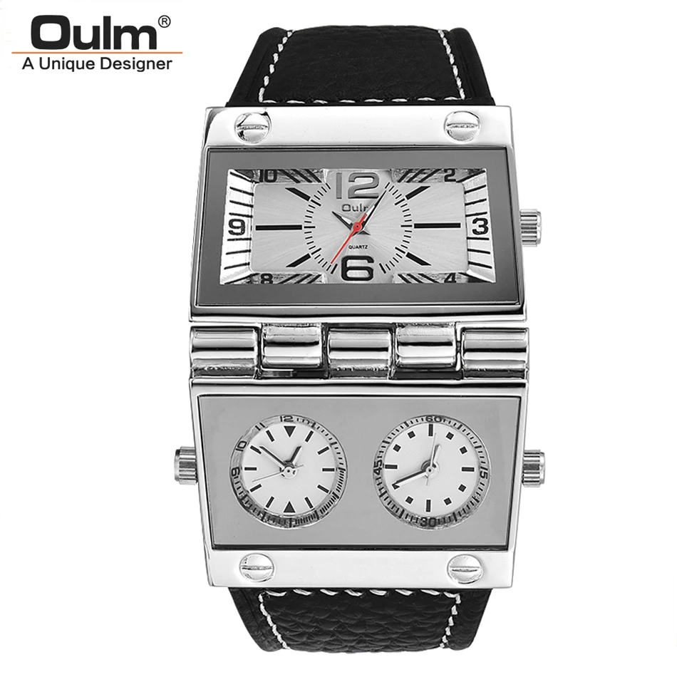 Oulm Mens Dual Display Sports Watch Multi Time Zone Big Size Quartz Leather Strap Outdoor Relogio Masculino