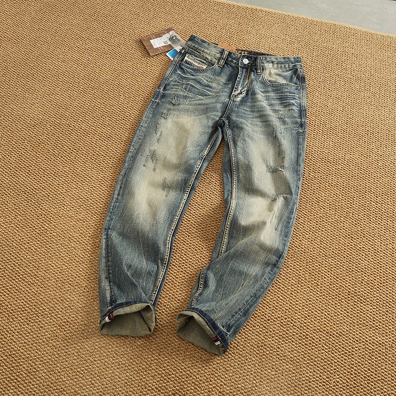 بنطلون جينز رجالي ثقيل الوزن بأرجل مستقيمة باللون الأبيض من قماش الدنيم المطاطي بنطلون طويل جينز صيفي عصري غير رسمي