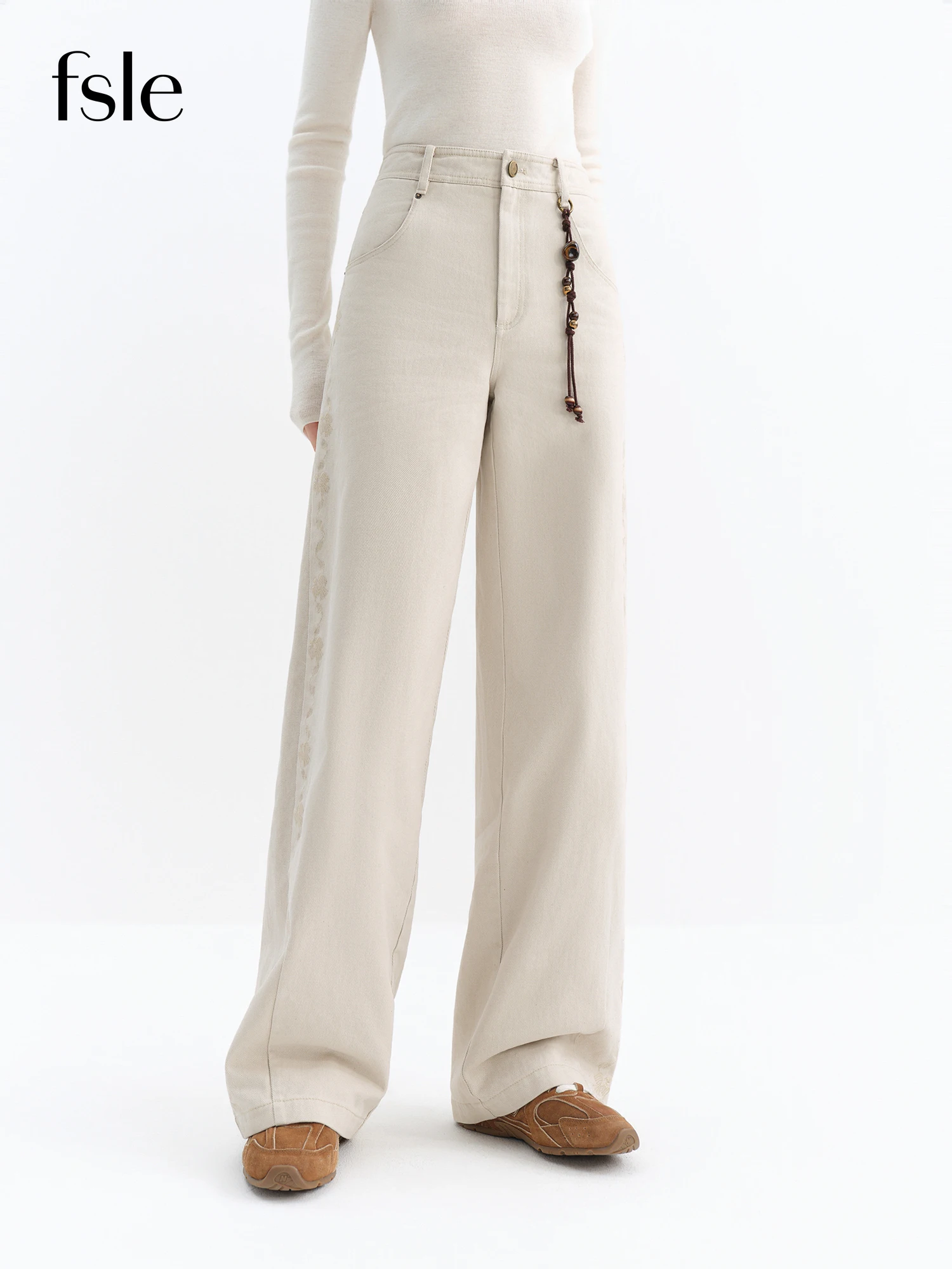 FSLE 2025 الشتاء المرأة خمر غسلها المطرزة الموز الجينز منحني عالية الخصر واسعة الساق السراويل سليم صالح الرجعية السراويل