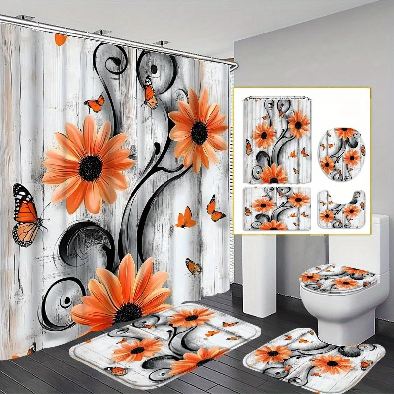 

4-piece "Orange Daisy" bathroom set, "bright orange butterfly decoration", includes bath mat, U-shaped mat, toilet seat