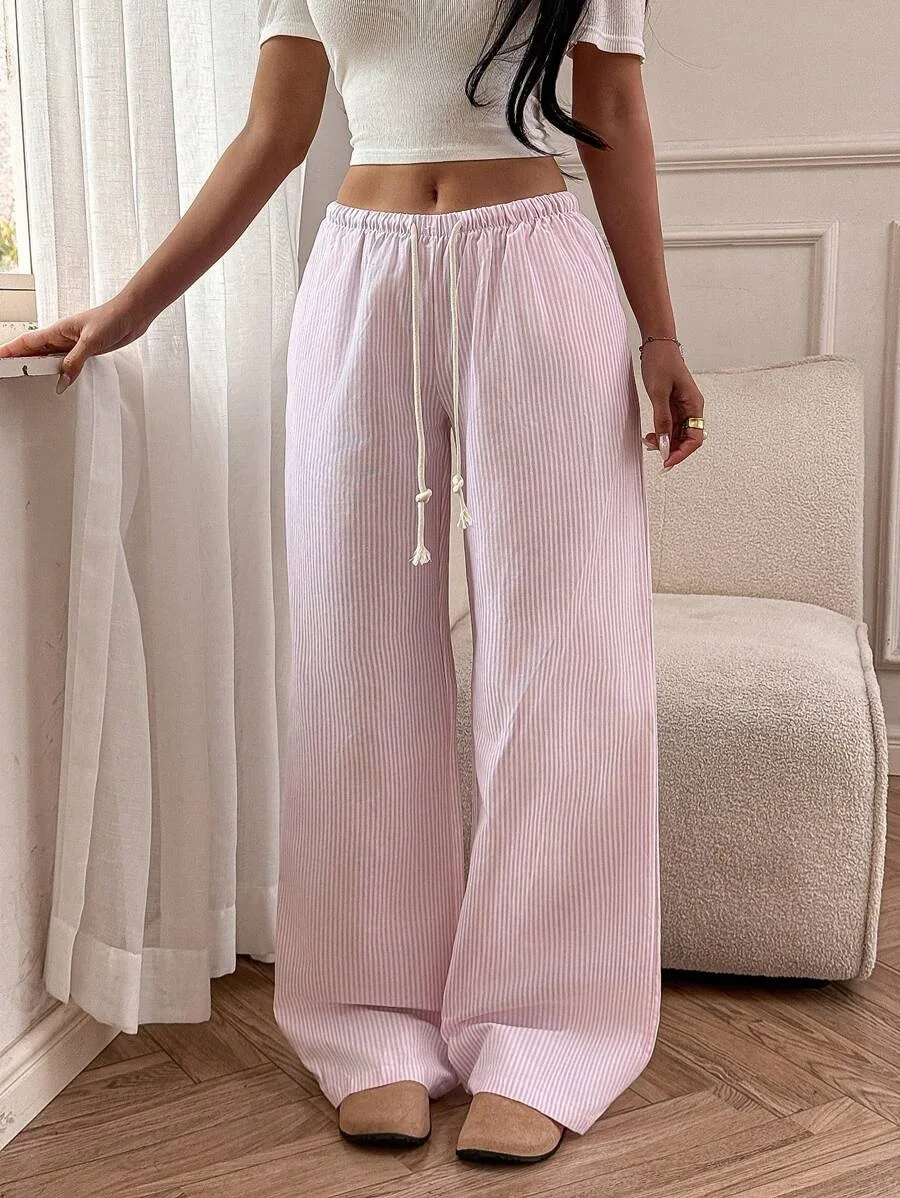2026 Frühling Sommer Damen Freizeithose Pyjama-Bodenlange Hose Gestreifte Gemütliche Haushose Elastischer Bund Kordelzug Gerades Bein