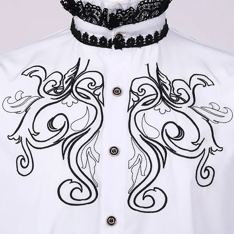 Men Medieval Renaissance White Vintage Shirts Victorian Noble Prince Gentleman Cosplay Costume Embroidered Lace Patchwork Tops