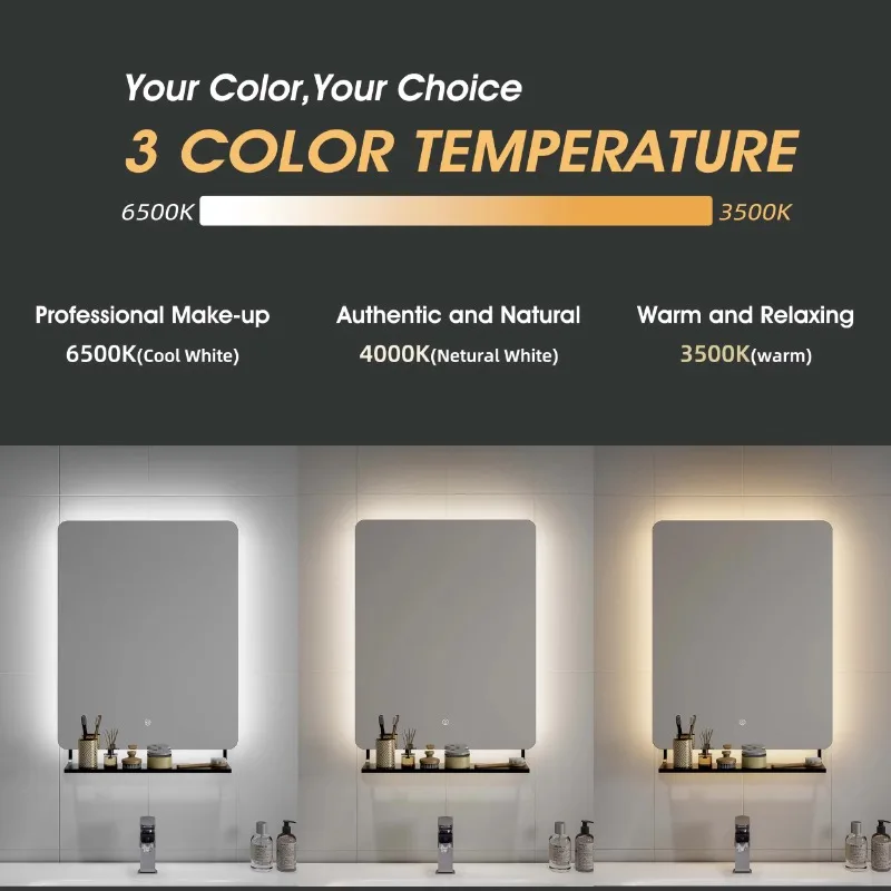 شاشة فندقية حديثة مضادة للضباب بلازا تخزين خلفية بدون إطار صمام ثنائي باعث للضوء رف مرآة حمام مع رف #3