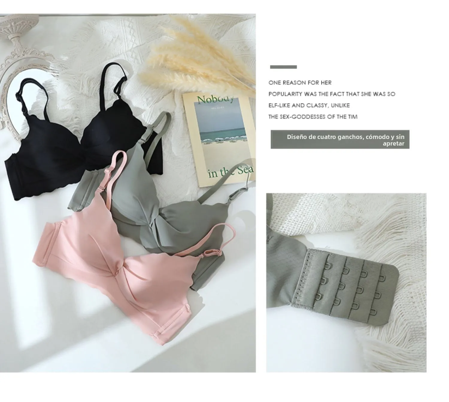 Conjunto de sujetador y bragas sin costuras para mujer, color blanco, fino, con efecto push-up, sin aros, ropa interior cómod...
