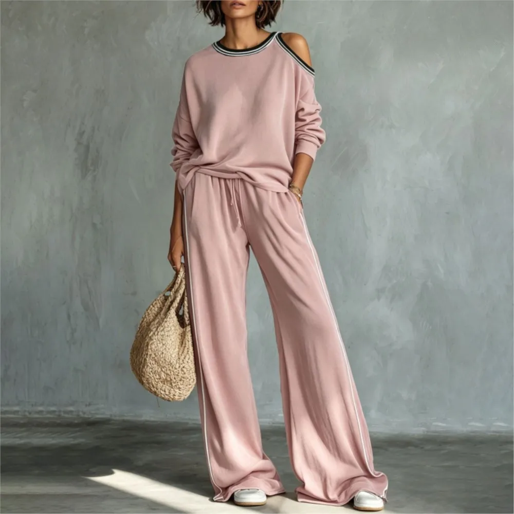 Women Casual Hoodie Two Piece Sets Autumn Winter Solid Sexy Off One-shoulder Long Sleeve Top & Wide Leg Sweatpants Versatile Set