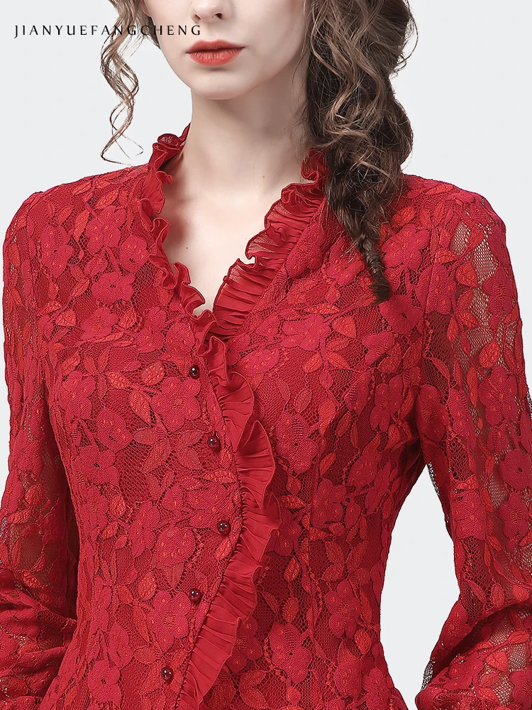 Womens Long Sleeve V-neck Embroidered Floral Red Lace Shirt 2024 Spring Summer Tops Vintage Slim Hollow Out Ladies Blouses