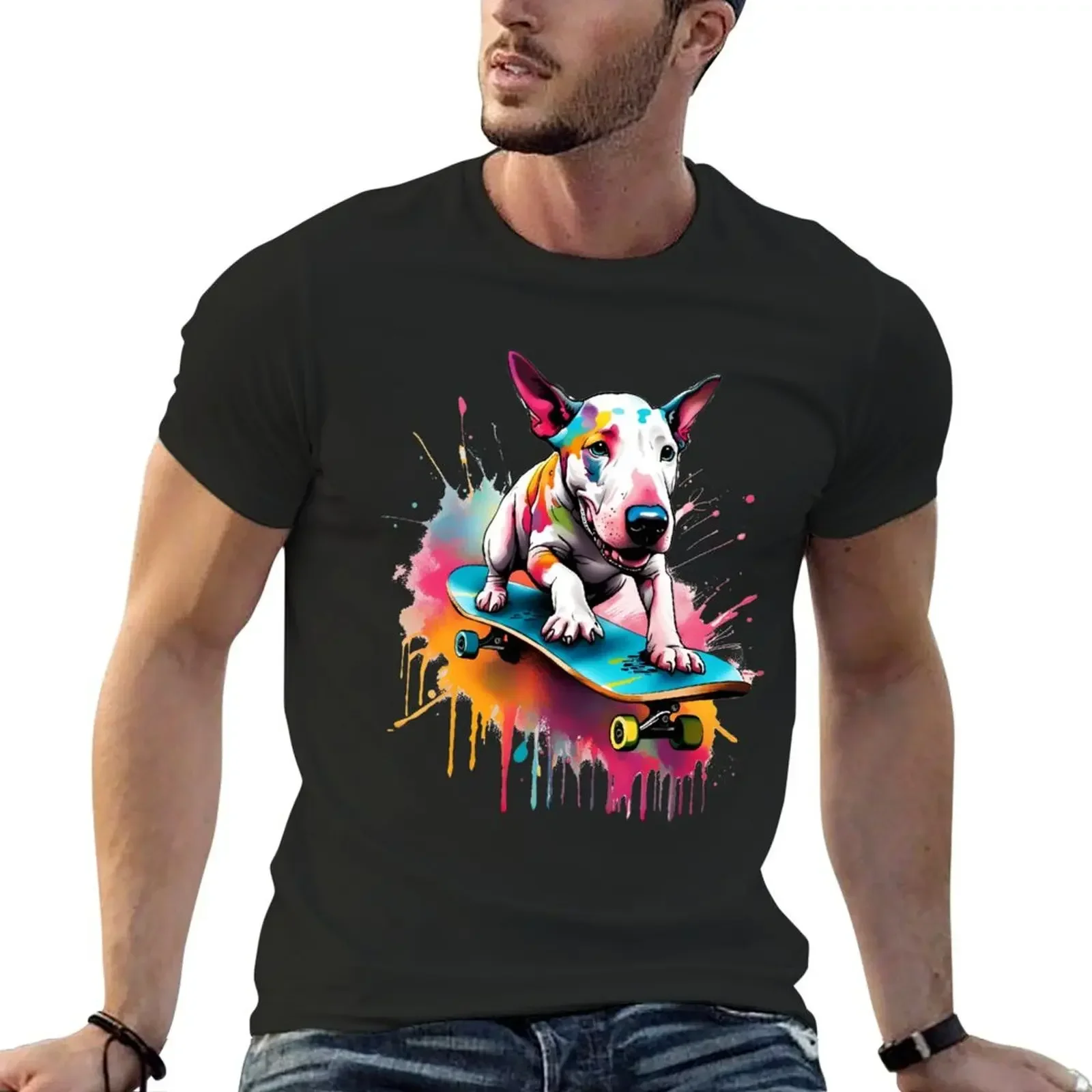 English Bull Terrier on a Skateboard Splash Art T-Shirt new edition shirts graphic cute clothes outfits for men