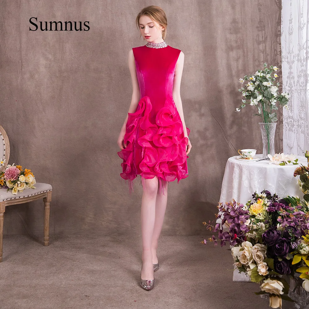 

Hot Pink Ruffles Satin Mini Evening Dresses Beads High Neck Slim Fit Dinner Gown Robe de Soiree Femme Prom Dress Above Knee