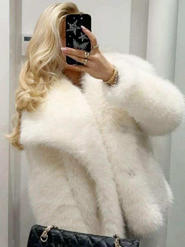 HXAO 2024 Woman Autumn Winter Faux Fur Coat Plush Fluffy Women\'s Jacket New in Outerwears White Red Gray Black Wool Blends Coats