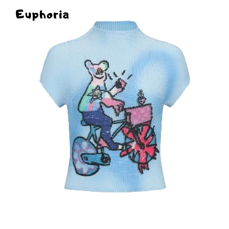 تي شيرت نسائي غير رسمي مطبوع عليه رسوم كارتونية من Euphoria بأكمام قصيرة ورقبة مستديرة تي شيرت نسائي أنيق أزرق Y2K ملابس الشارع الشهير بقصة ضيقة تي شيرت