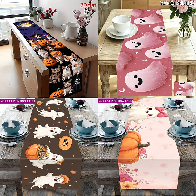2pcs Cute Ghost Pumpkin Dog Table Runner Heat Resistant Non Slip Halloween Party Dining Kitchen Table Home Decor