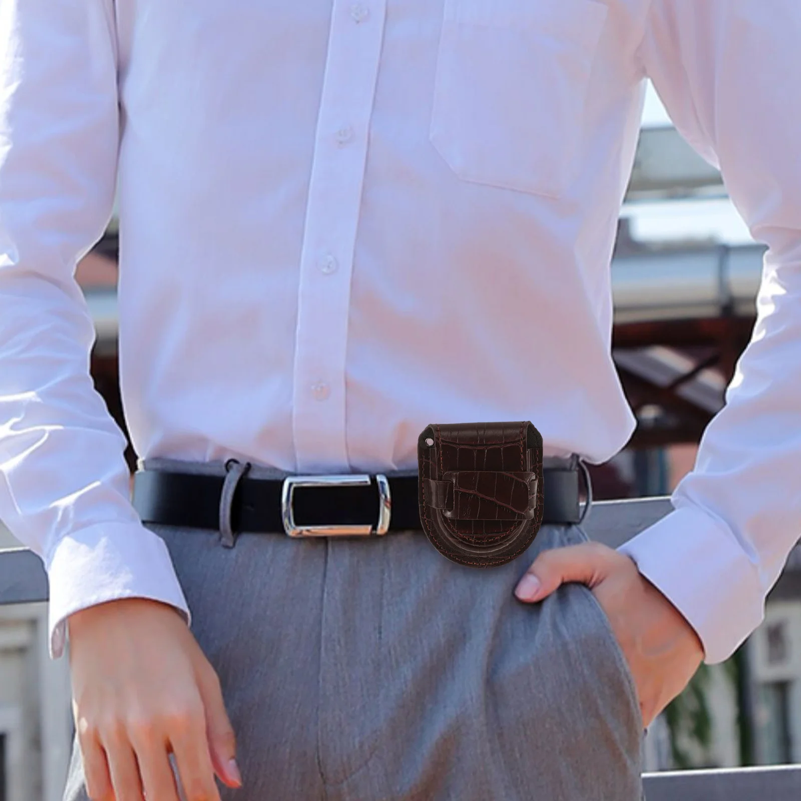 

Brown Bamboo Pocket Watch PU Case Belt Holder Classic Watch Storage Protector Waist Bag for Men Women