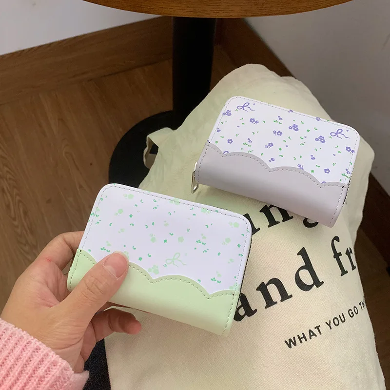 PU leather short and cute card bag for women with cartoon color contrast portable mini student coin purse