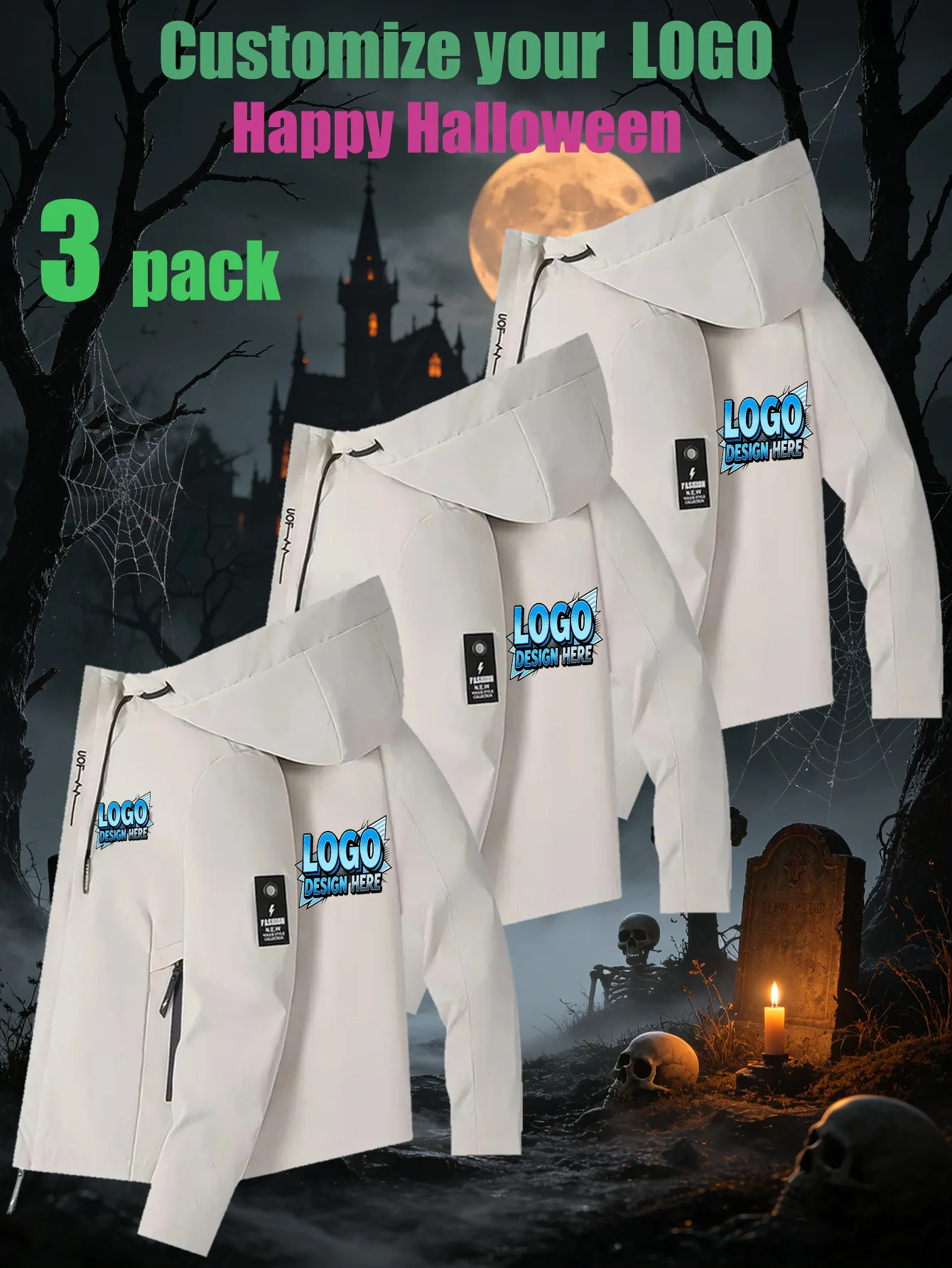 Halloween 3- Piece Custom Men's Hooded Jacket, Company Workwear, Outdoor Hiking Jacket, Essential for Outdoor Fishing, Sports