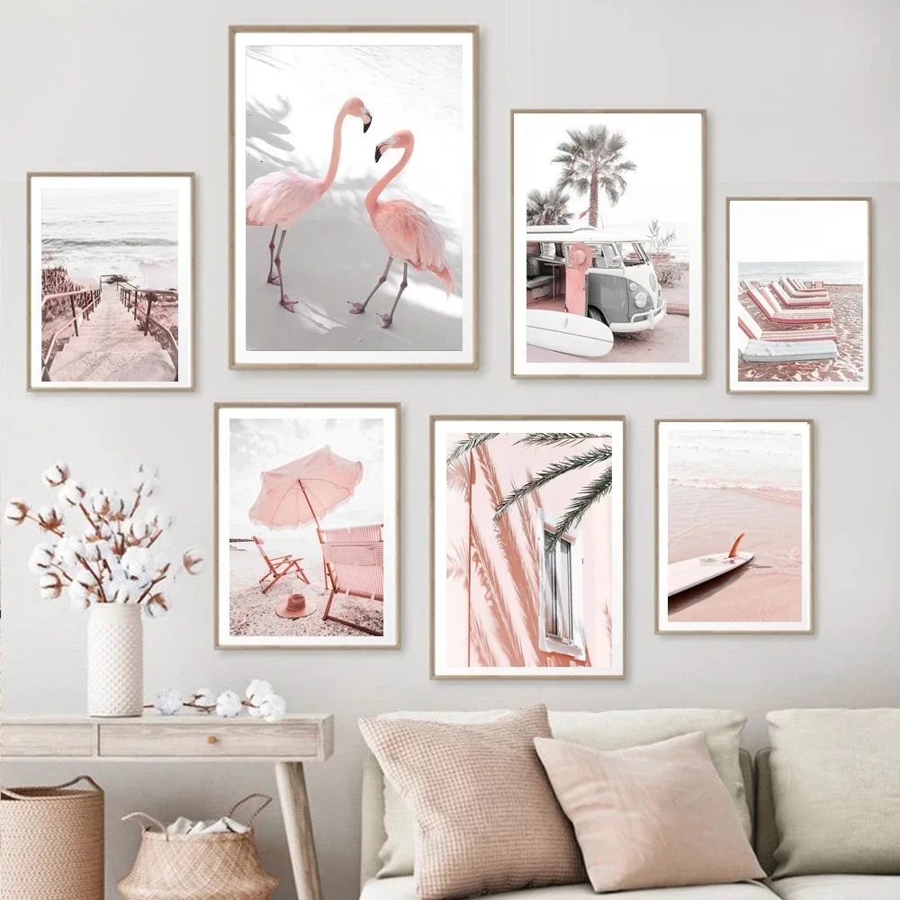 Pink Sea Beach Poster Flamingo Retro Van Surfboard Summer Wall Art Canvas Painting Living Room Interior Picture for Home Deco