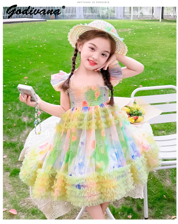 Cute and Sweet Baby Girls Summer 2026 New Trendy Party Dress with Wings Kids Sleeveless Color Tulle Ruffle Trim Princess Dress