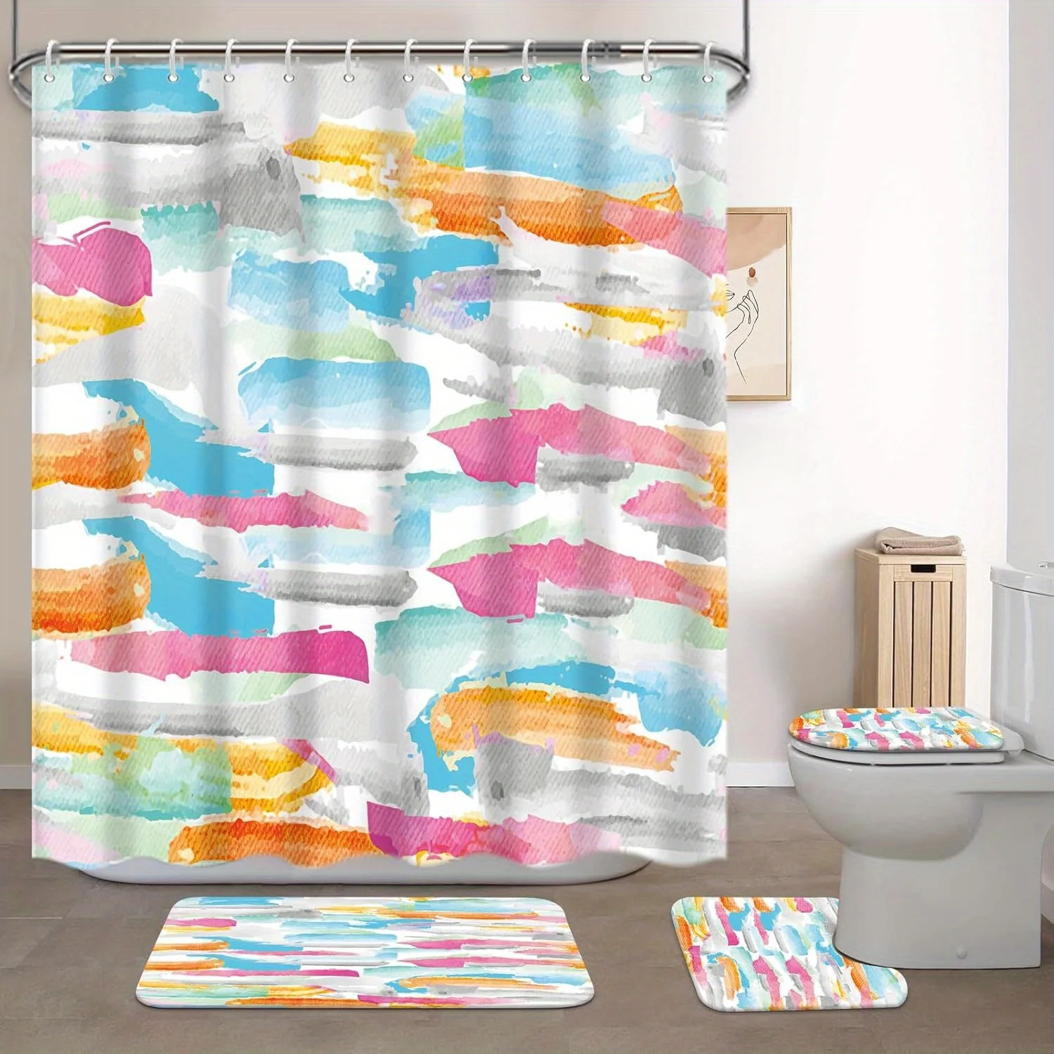 

4pcs Abstract Shower Curtain Set, Home Decoration Shower Curtain with 12 Hooks, Non-Slip Bathroom Rug, Toilet U-Shaped Mat, To